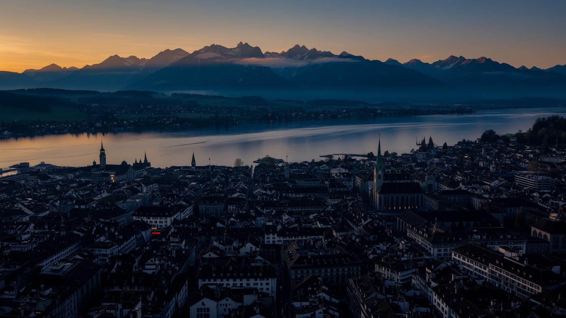 Zürich mit Alpen in der Abenddämmerung