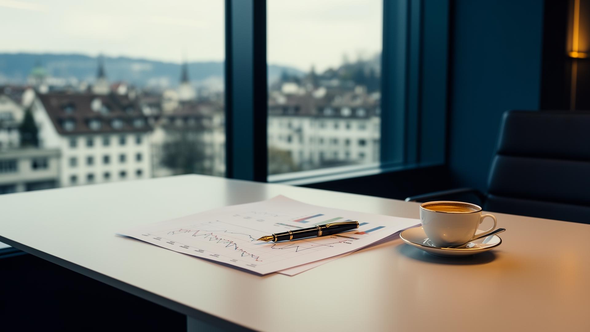 Eleganter Schreibtisch mit Finanzunterlagen und Blick über die Stadt Zürich