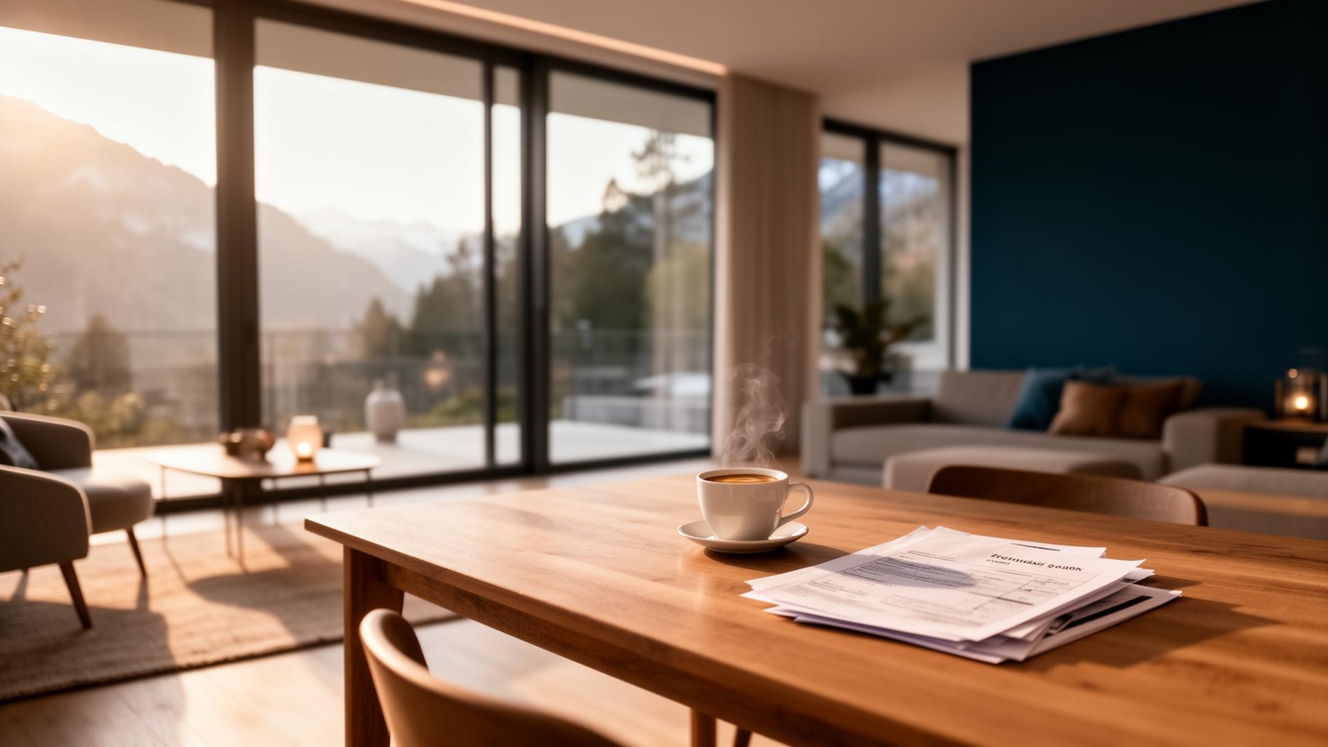 Helles, modernes Schweizer Eigenheim mit Blick auf die Berge im Morgenlicht