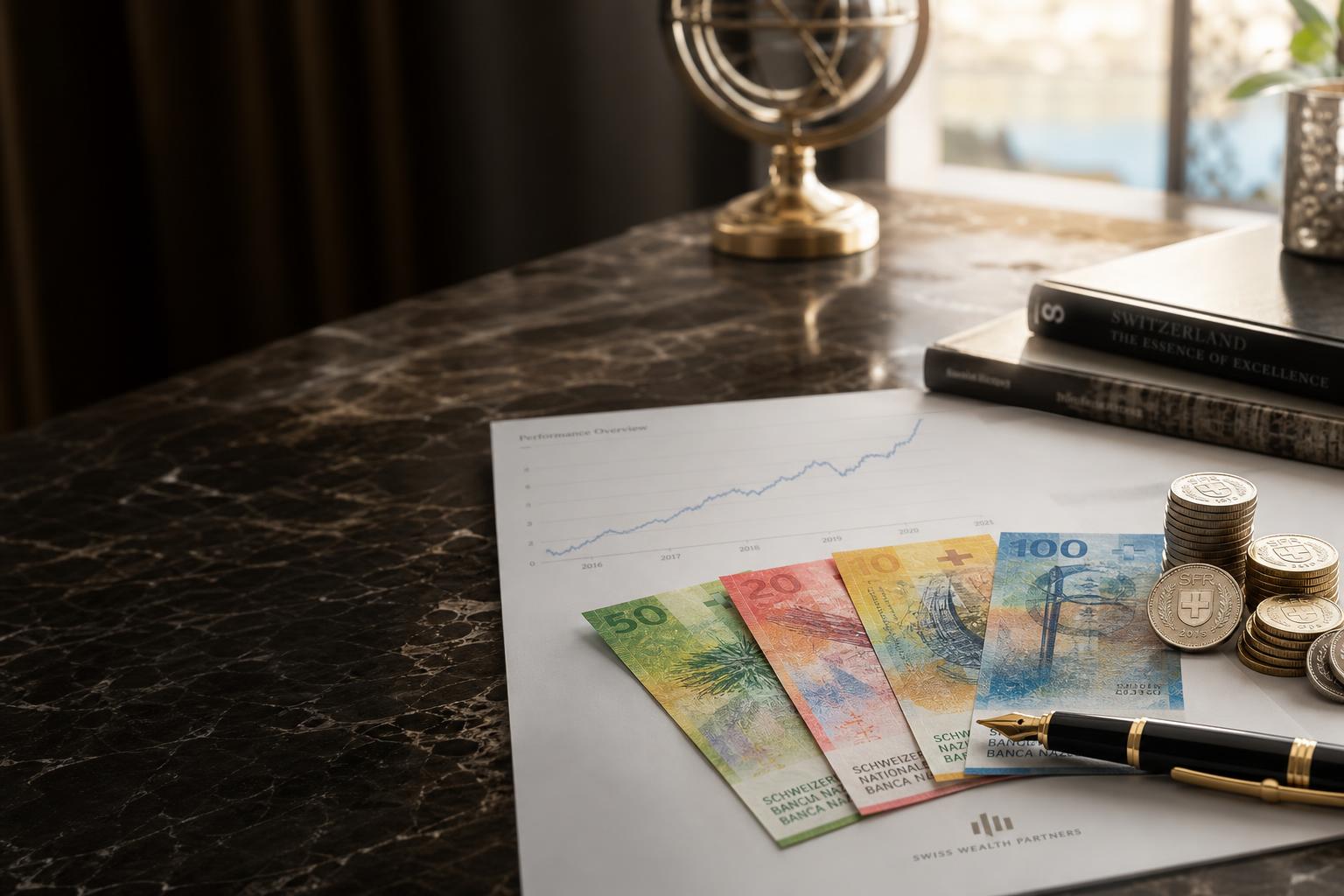 Schweizer Franken Banknoten und Münzen neben einer steigenden Wachstumskurve