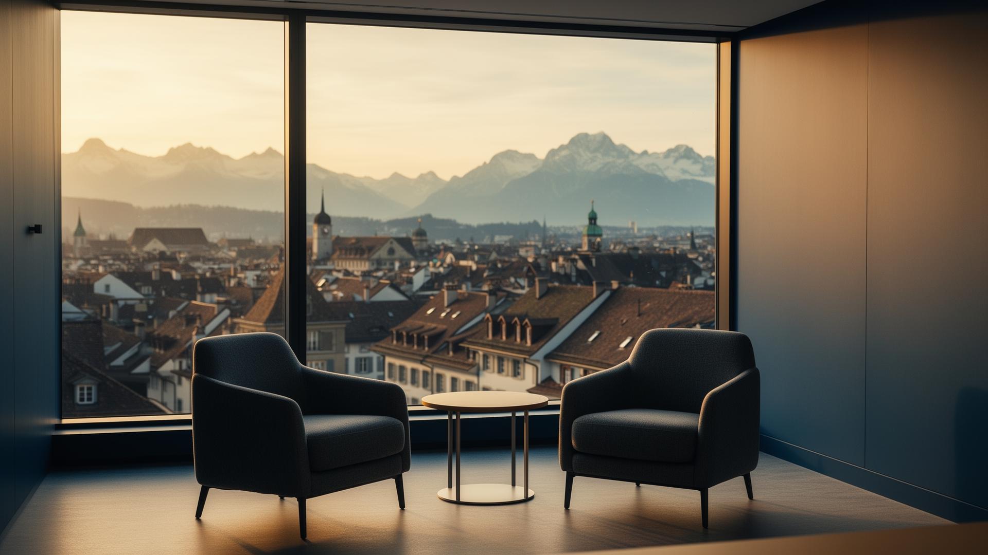 Einladender moderner Besprechungsraum mit Blick über Zürich und die Alpen