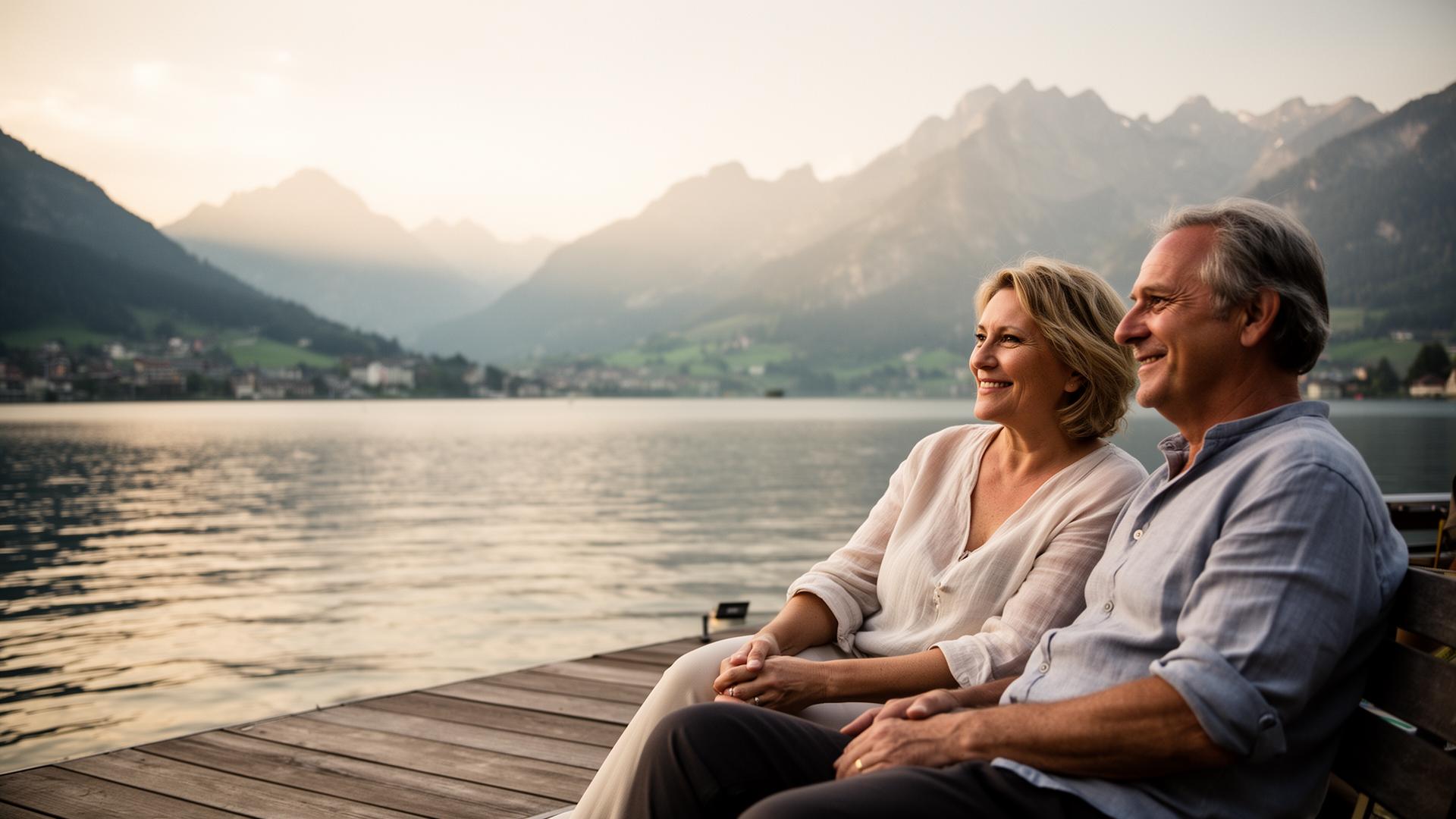 Zufriedenes Paar in den besten Jahren auf einer Terrasse mit Blick auf See und Alpen